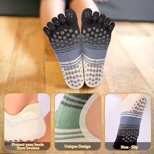 Non-Slip Pilates Socks with Toe Separators - 3pcs Pink Green Blue