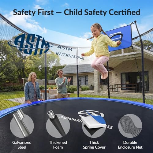 14FT Outdoor Trampoline with Net, Basketball Hoop & LED Lights - Blue