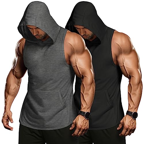 COOFANDY Men's 2 Pack Workout Hooded Tank Tops - Bodybuilding Muscle Cut-Off Sleeveless Gym Hoodies, Large / Black & Dark Grey