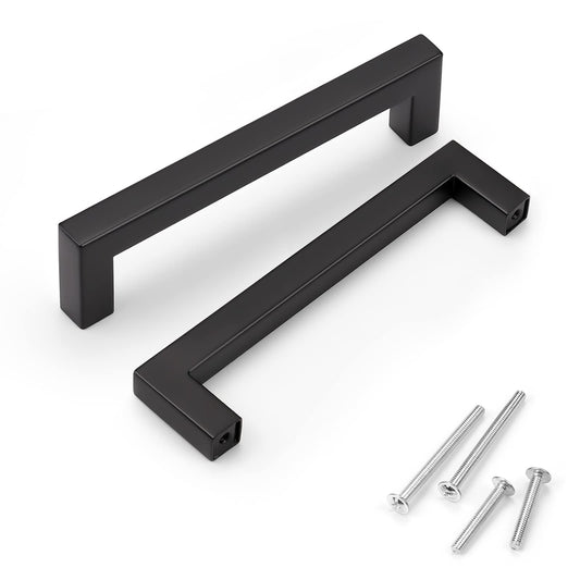 KNOBWELL 50 Pack 5" Matte Black Kitchen Cabinet Handles, 5 Inch (128mm) Hole Distance Closet Handles, 5-2/5 inch (138mm) Overall Length Stainless Steel Black Pulls for Cabinets