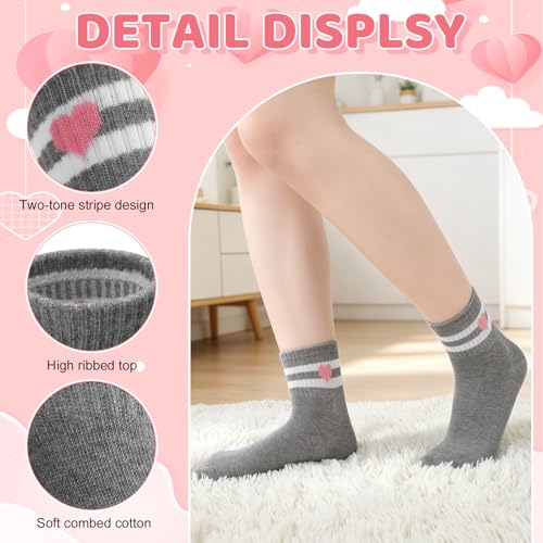 Girls Cotton Crew Socks Set - 6 Pairs with Striped Heart & Bow Patterns - Ages 6-8, Pink White Gray