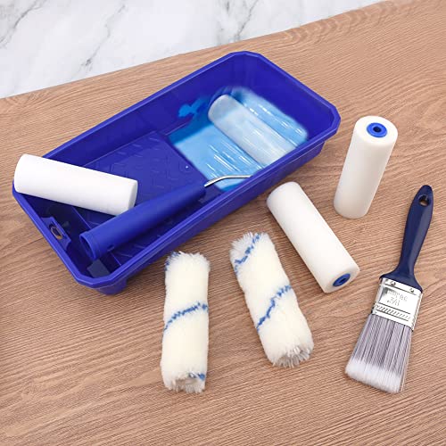 Household Mini Paint Roller Kit, 4 pcs Sponge Paint Roller Head +2 pcs Fabric Roller Head +1 Paint Tray +1 Roller Handle +1 Pant Brush fits Home Painting & Smaller DIY Projects(Multi Color)