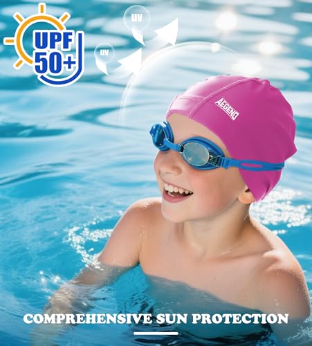 Kids Swim Cap - Purple Soft Fabric Hat for Long Hair, Ages 3-14