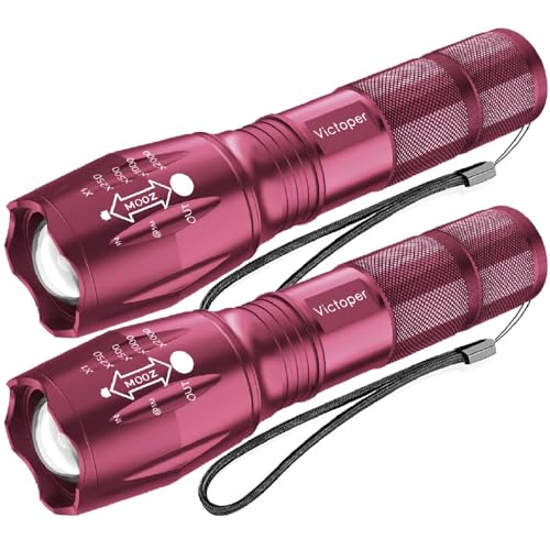 Victoper Pink LED Flashlight 2 Pack Waterproof Zoomable Tactical Torch, 5 Modes for Camping & Outdoors