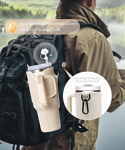 dabria 30oz Stanley Tumbler Neoprene Bottle Holder with Strap & Straw Cover – Cream