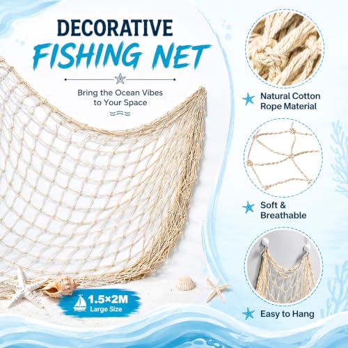 Large Decorative Fishing Net - 2x1.5m Beige Party Decor