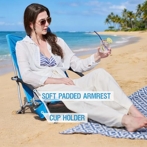 Old Bahama Bay Blue Folding Beach Chair 2 Pack - Low Profile Outdoor Camping & Sand Lounge Chairs with Cup Holder & Mesh Back, Supports 350lbs