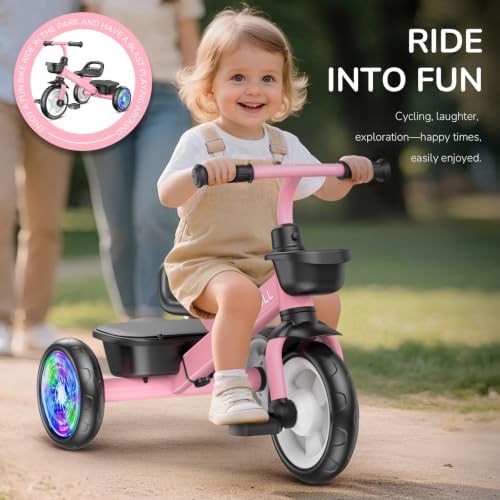 Adjustable Toddler Tricycle with Light-Up Wheels - Pink, 2-5 Years