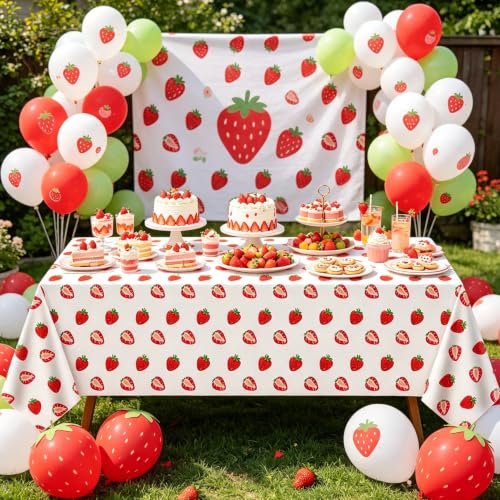 Strawberry Party Tablecloths - 4 Pack Plastic Birthday Covers 86 x 51 Inch