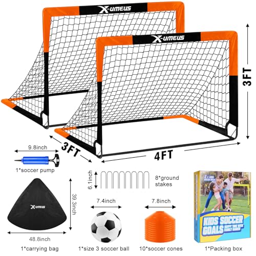 Kids Soccer Goals Set of 2 - 4' x 3' Pop Up Training Equipment - Orange & Black
