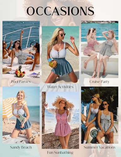 Women’s Blue Striped Tankini Swimsuit with Shorts — Large, Tummy Control Two-Piece