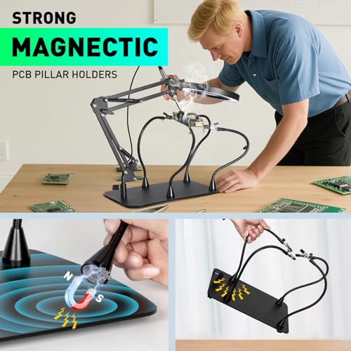 10X Magnifying Glass with Light and Stand, KUVRS Magnetic Helping Hands Soldering Station, PCB Holder Magnifying Lamp, 3 Color Adjustable Arm Hands Free Magnifier with Light for Soldering Craft Hobby
