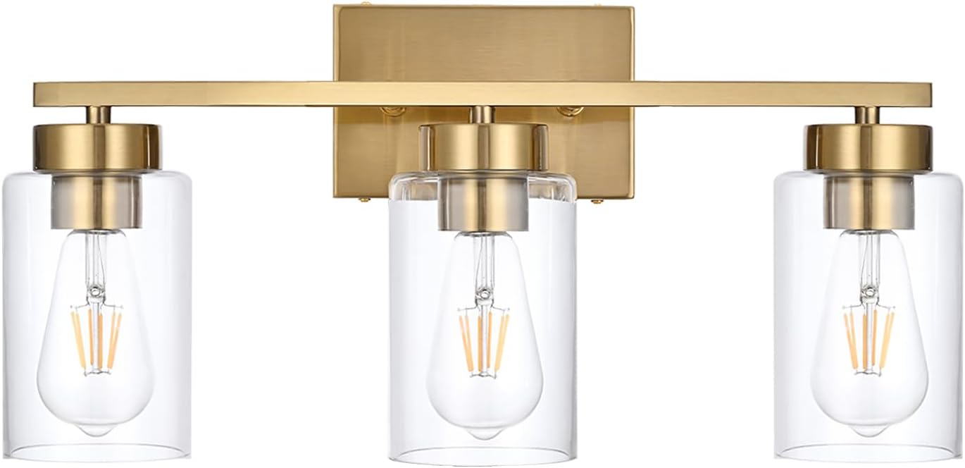 Modern 3-Light Bathroom Vanity Light in Brushed Gold with Clear Glass Shades
