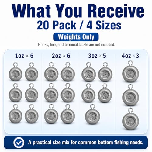 20 Pcs Fishing Coin Sinkers with Metal Eye - 4 Sizes Assorted Set for Bottom Fishing