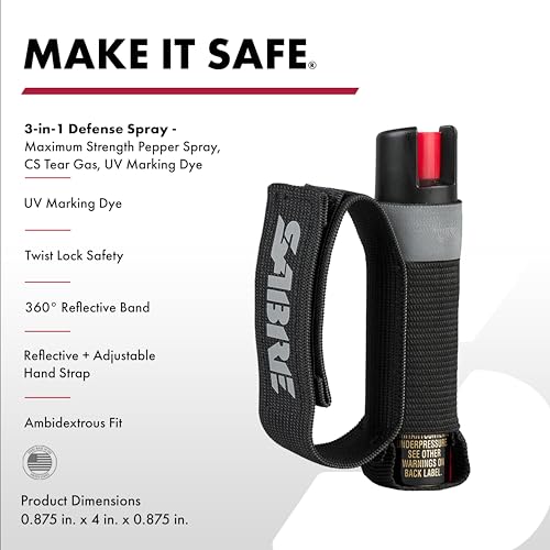 SABRE Runner Defense Spray, 3-in-1 Formula Contains Pepper Spray, CS Military Tear Gas & UV Marking Dye, Max Strength, Reflective Hand Strap, 4X longer spray time, Secure & Easy to Use Safety