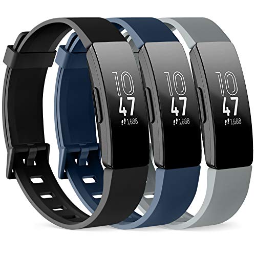 Silicone Bands for Fitbit Inspire HR & Ace 2 - 3 Pack, Large Size (7.1''-9.1'') - Black, Navy Blue, Gray
