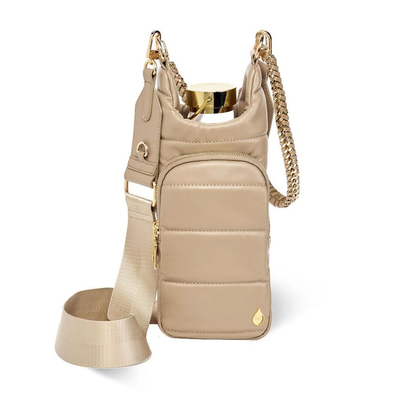 WanderFull® Original HydroBag® Vegan Leather, Fits Up to 32 oz Water Bottle Holder w/ 2 Straps, Hands-Free Crossbody Water Bottle Carrier Bag with Phone Pocket, Tumbler Accessories - Taupe