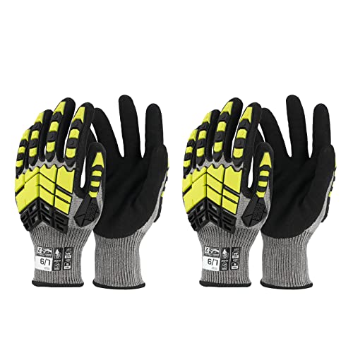 2 Pairs Safety Work Gloves,Impact Gloves for Men Women,Cut Resistant Non-Slip Heavy Duty Gloves with Nitrile Grip,Touch Screen Glove with Impact Protection for Mechanic Construction, Large
