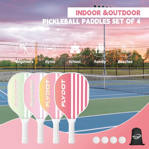 Flydot Pink Pickleball Paddles Set of 4 with Balls & Carrying Bag - Indoor & Outdoor