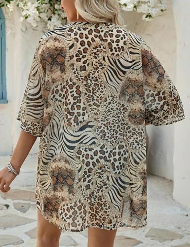 Floral Beach Cover Up Kimono Cardigan - Leopard Zebra, Large