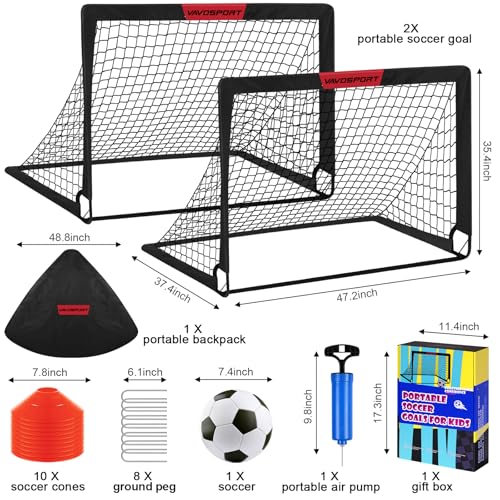Kids Soccer Goals Set of 2 - Portable Backyard Soccer Net with Ball