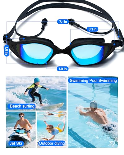 Swim Goggles - Dazzling Mirror Black - Super Clear View for Adults
