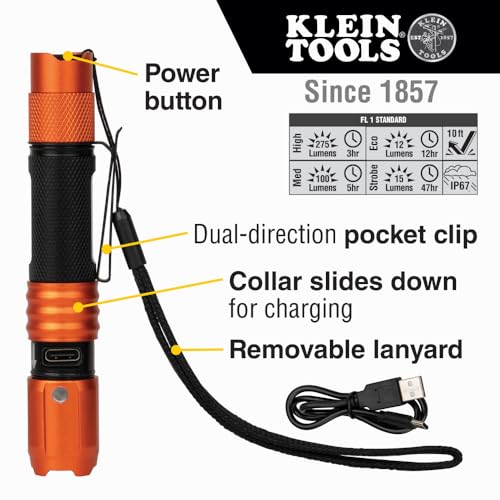 Klein Tools 56411 Rechargeable Pocket Flashlight, 275 Lumen, Dual-Direction Pocket Clip, Waterproof, Drop Rated, EDC Flashlight