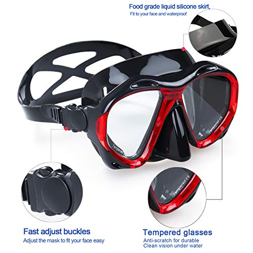 Panoramic Snorkel Diving Mask - Anti-Fog Tempered Glass - Black Red