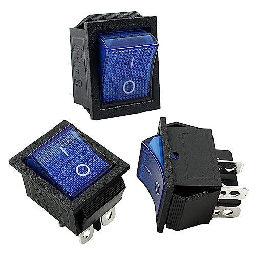 KCD4 DPST Rocker Switch - 4 Pin 2 Position with Blue LED Light - 3 Pack