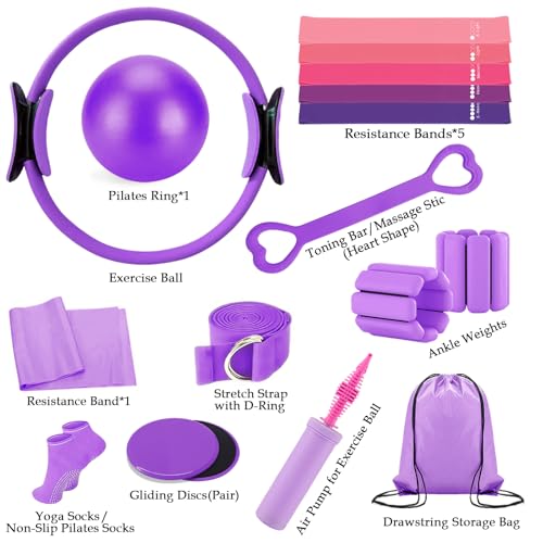 Pilates Kit for Home Workouts - Ring, Ball, Resistance Bands - Purple