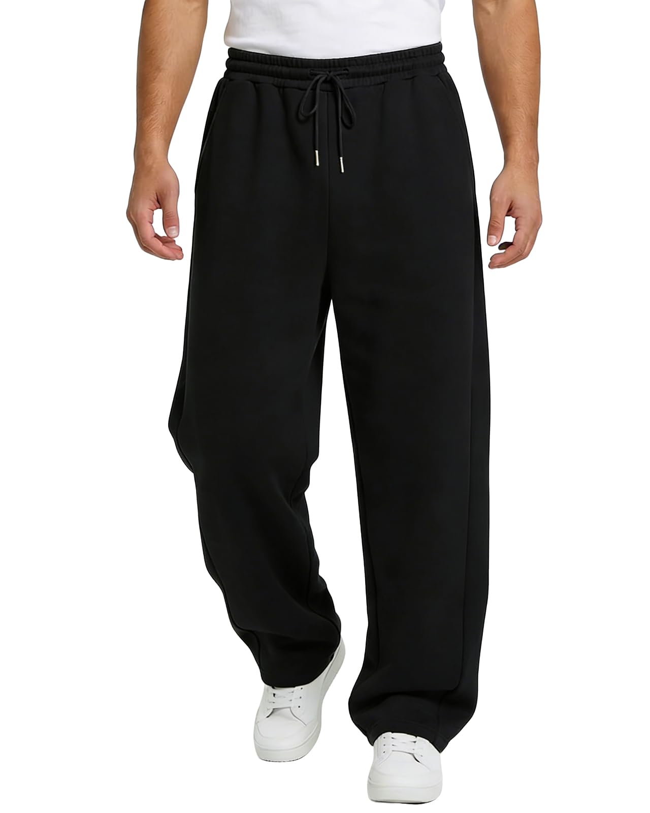 BUXKR Men's Baggy Sweatpants Wide Leg Sweat Pants Fleece Lounge Cotton Loose Elastic Drawstring Waist Pants with Pockets Black