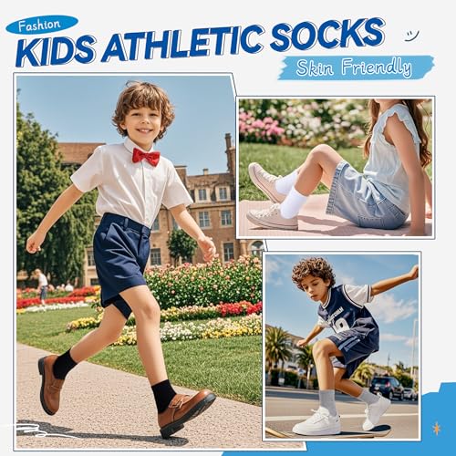 Eyean Kids Athletic Crew Socks 3-5T White, 6 Pairs - Boys & Girls School Uniform Socks