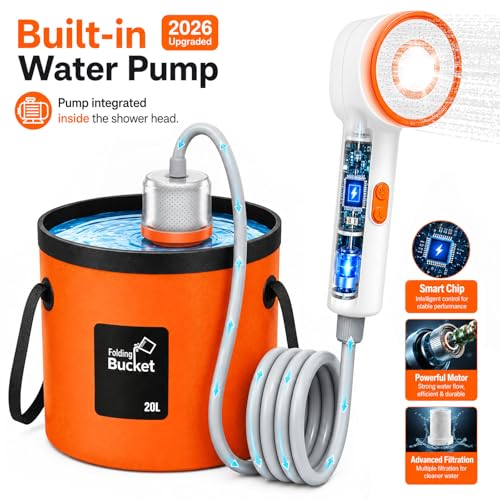 Rechargeable Portable Shower Head with 5.3 Gal Foldable Bag - USB-C LED Camp Shower, Car Wash & Pet Bathing (Orange)