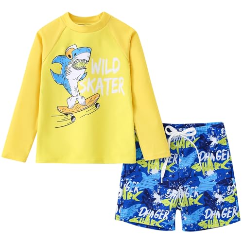 Toddler Boys Shark Swimsuit Set - Quick Dry Rashguard & Trunks 3-4T