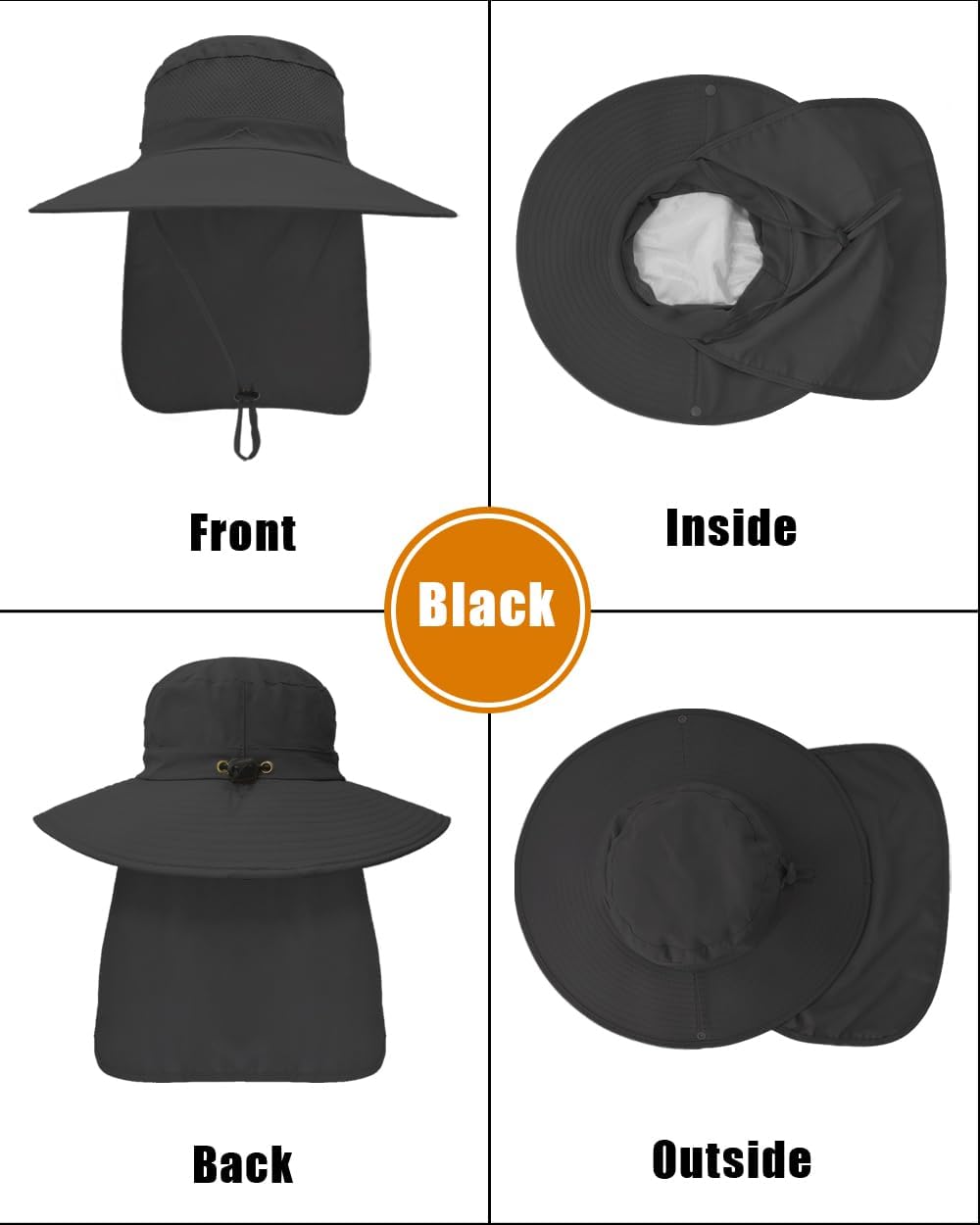 Outdoor Sun Hats with Stowable Neck Flap for Men Women UPF 50+ Mesh Summer Bucket Hat Wide Brim for Fishing Safari Hiking Black