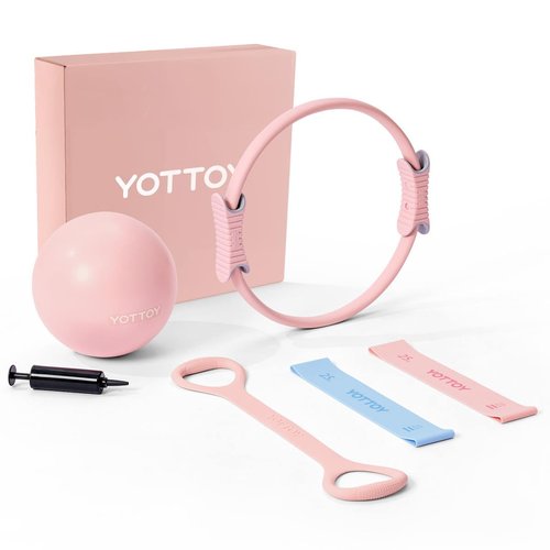 YOTTOY Pilates Ring and Ball Set, Figure 8 Resistance Bands, Stretch Bands&Guide,Pilates Equipment Set for Beginners for Home Workouts Core Strength, Yoga, Physical Therapy & Rehab (Pink, 13.5 Inch)
