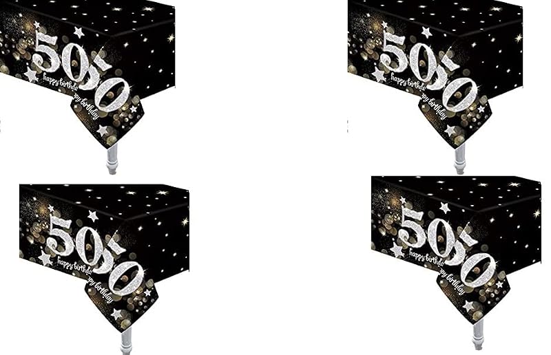 50th Birthday Tablecloths - Black & Gold, 4 Pack, 54" x 108"
