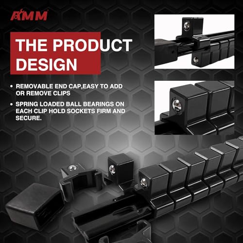 AMM 9-Piece Socket Organizer, 1/2 inch, 3/8 inch and 1/4 inch Drive ABS Tools-Black Socket Holder,Heavy Duty Socket Racks, Premium Quality Socket Clip Rail Holder,The best tool trays in the garage
