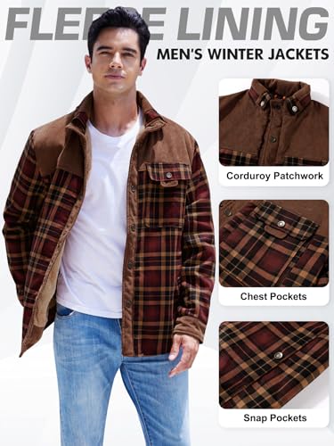 Gihuo Men's Large Coffee Sherpa-Lined Flannel Shirt Jacket - Warm Outdoor Coat