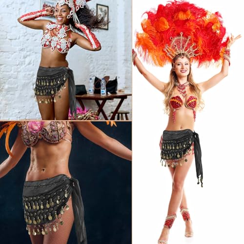 Belly Dance Hip Scarf with Sequins and Coins - Black