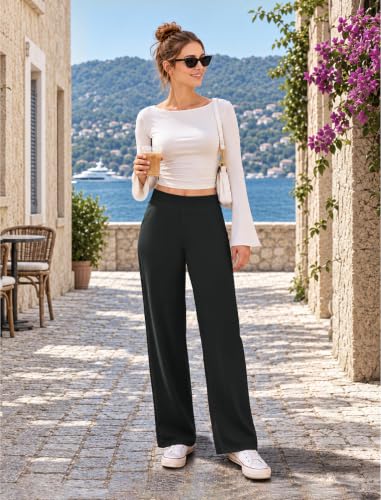 COPYLEAF Women's Wide Leg Yoga Pants with Pockets - Black, Large