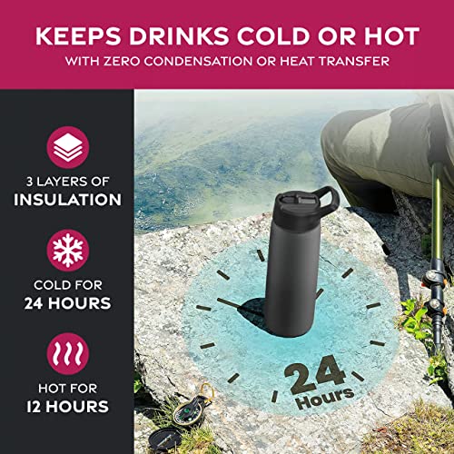FineDine 25 Oz Insulated Water Bottle with Straw - Inky Raven Black, Triple Wall, Leak-Proof, Durable, BPA-Free
