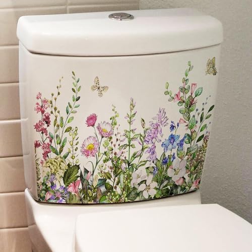 Green Plant Leaves Flowers Toilet Stickers -DIY Removable Waterproof Sticker -Green Leaf Floral Toilet Lid Decals Bathroom Cistern Decor -Sticker for Cistern Decor