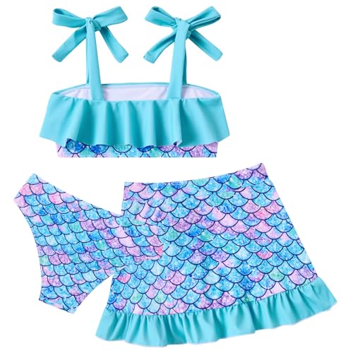 ALISISTER Girls 3-Piece Swimsuit Set with Cover Up & Skirt - Mermaid Blue 5-6Y