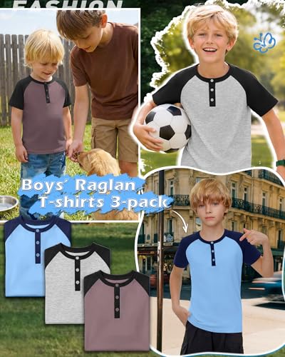 Boys Raglan T-Shirts - 3 Pack, Light Blue/Navy Blue, Gray Purple/Black, 11-12 Years