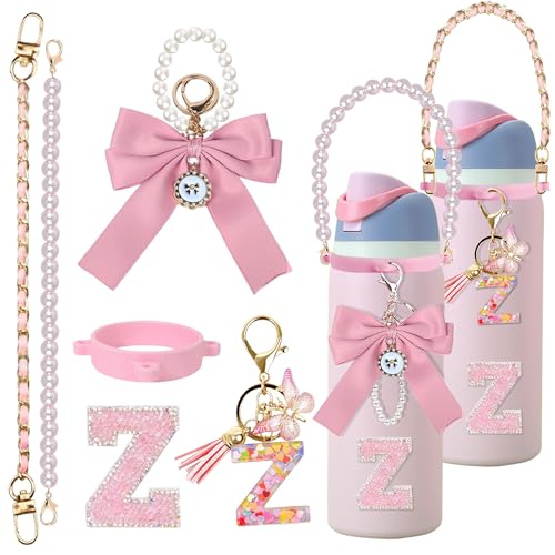 6-Piece Water Bottle Accessory Set with Handle Strap & Charms - Pink