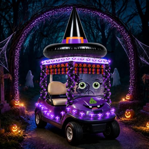 Halloween Golf Cart Decorations Kit with Inflatable Witch Hat, LED Bat Lights & Banners