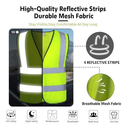 NOBONDO High Visibility Reflective Safety Vests 10 Pack - 360 Enhanced Visibility with Hi Vis Reflective Strips - Yellow Breathable Mesh, Bulk Pack for Construction, Traffic, Running, Security