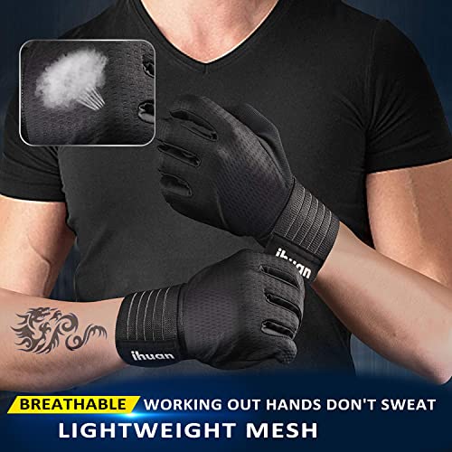 Full Finger Workout Gloves for Men - Weight Lifting, Black, Large