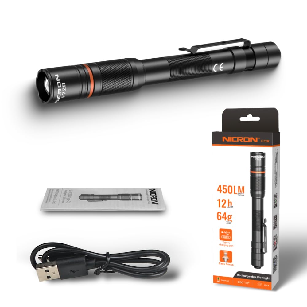 NICRON F72R Pen Light, Pocket Flashlight with Clip,5 Modes 450 lumens mini Rechargeable Flashlight Including Batteries, Focusing penlight ipx4 Waterproof for Work